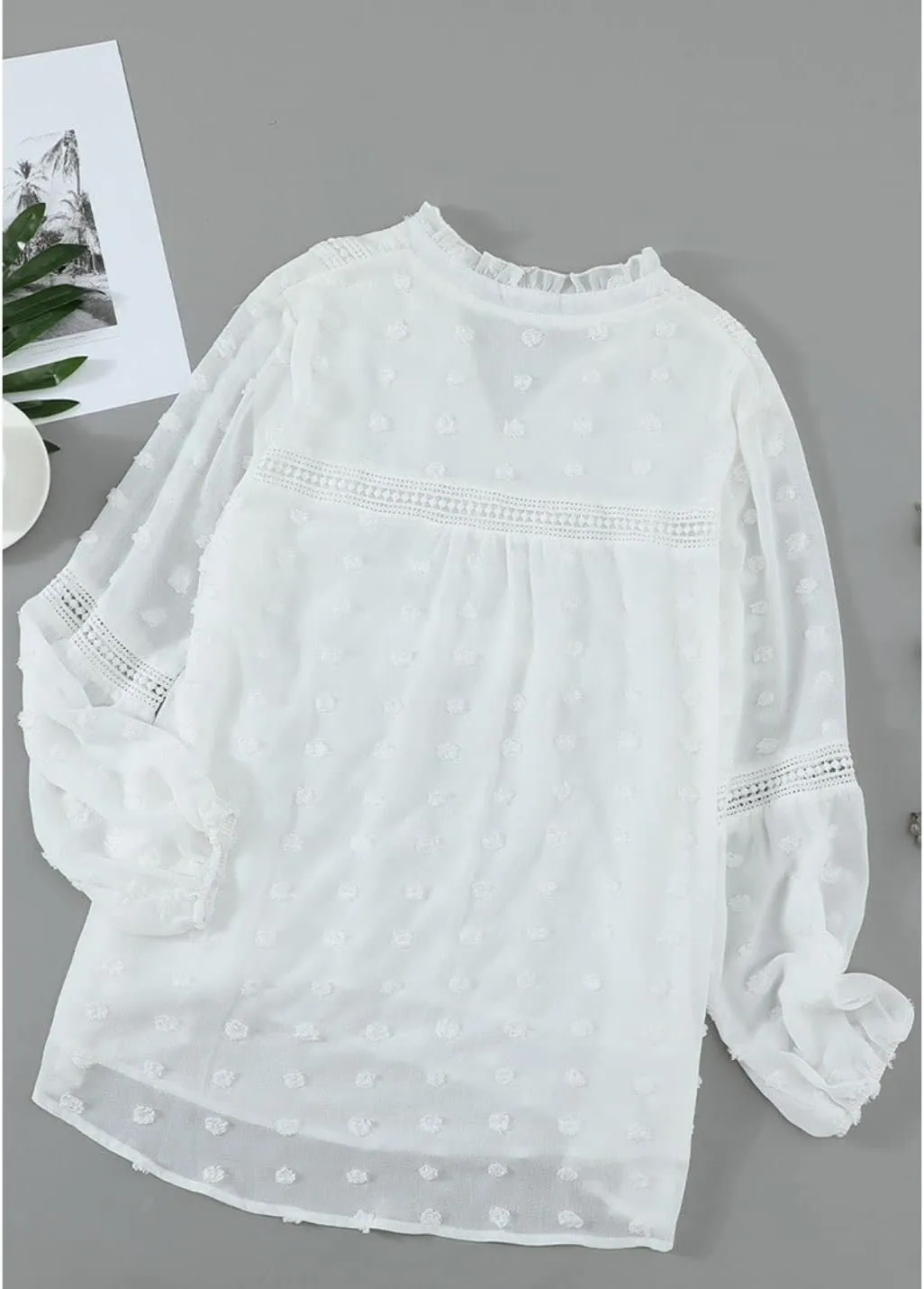 Kinkia Women's Loose Fit Chiffon Blouse Tops Swiss Dot Crochet Lace Puff Sleeve V Neck Tunic Shirts