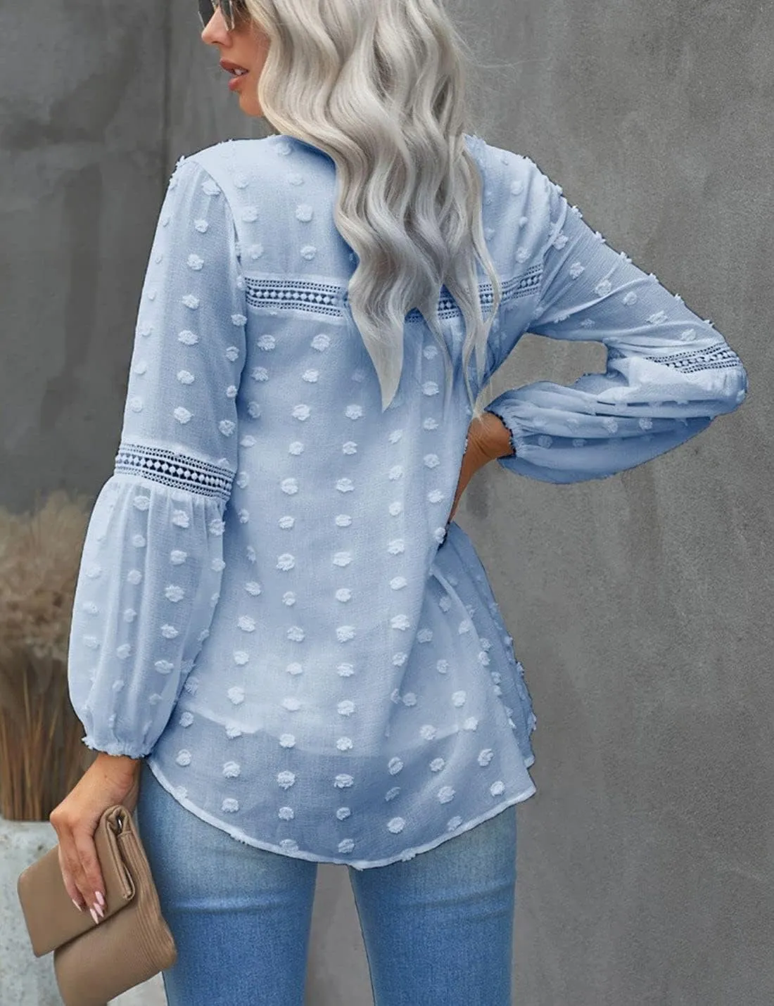 Kinkia Women's Loose Fit Chiffon Blouse Tops Swiss Dot Crochet Lace Puff Sleeve V Neck Tunic Shirts