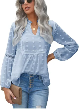 Kinkia Women's Loose Fit Chiffon Blouse Tops Swiss Dot Crochet Lace Puff Sleeve V Neck Tunic Shirts