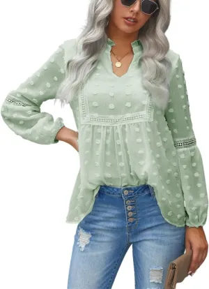 Kinkia Women's Loose Fit Chiffon Blouse Tops Swiss Dot Crochet Lace Puff Sleeve V Neck Tunic Shirts