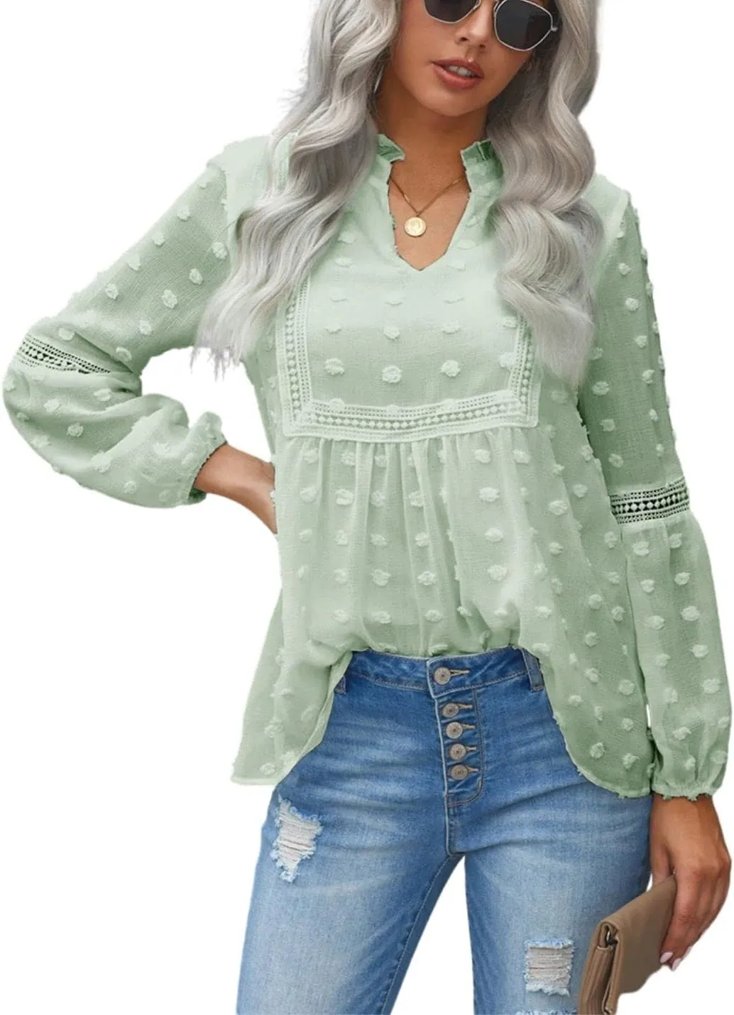 Kinkia Women's Loose Fit Chiffon Blouse Tops Swiss Dot Crochet Lace Puff Sleeve V Neck Tunic Shirts
