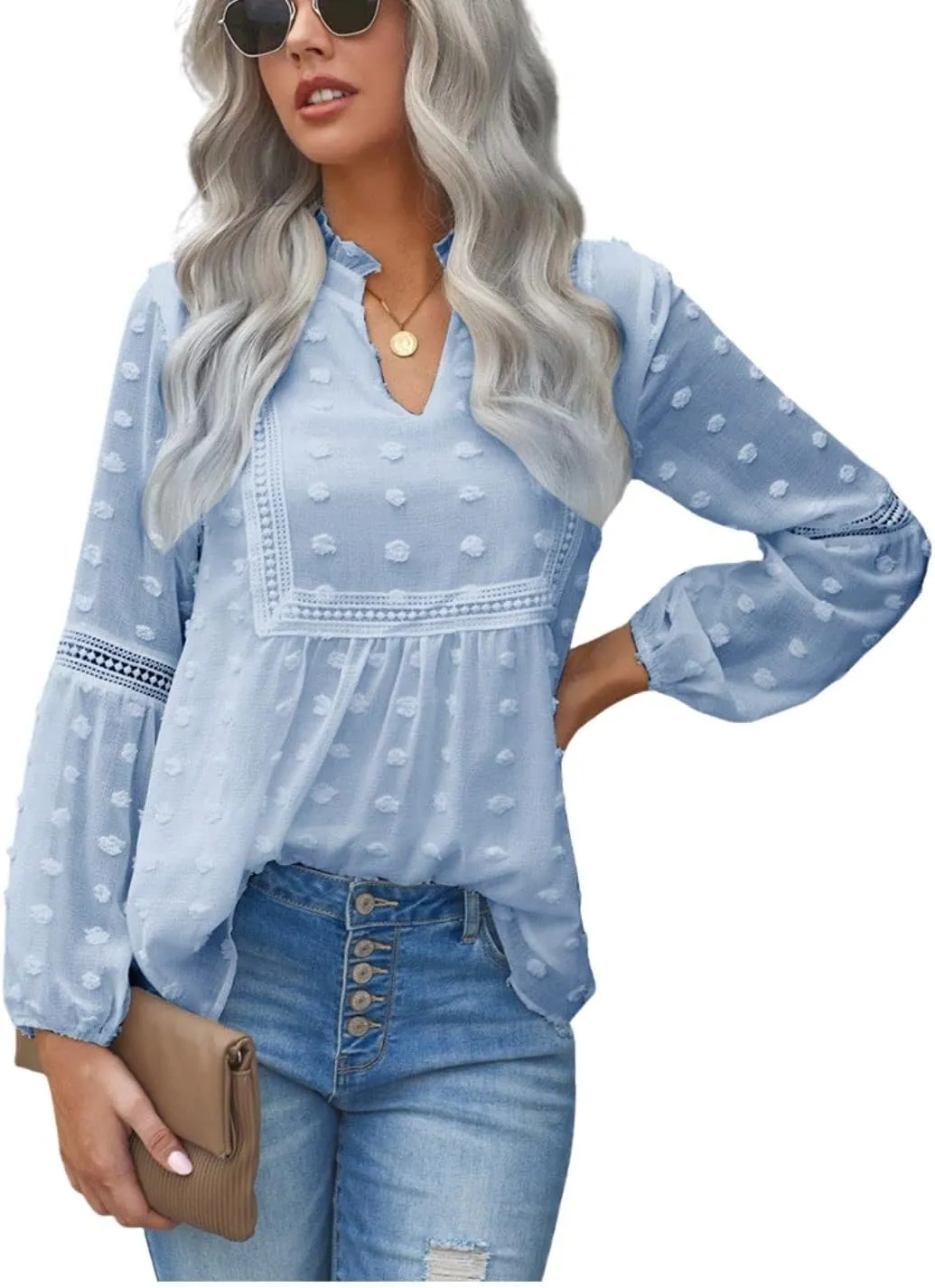 Kinkia Women's Loose Fit Chiffon Blouse Tops Swiss Dot Crochet Lace Puff Sleeve V Neck Tunic Shirts
