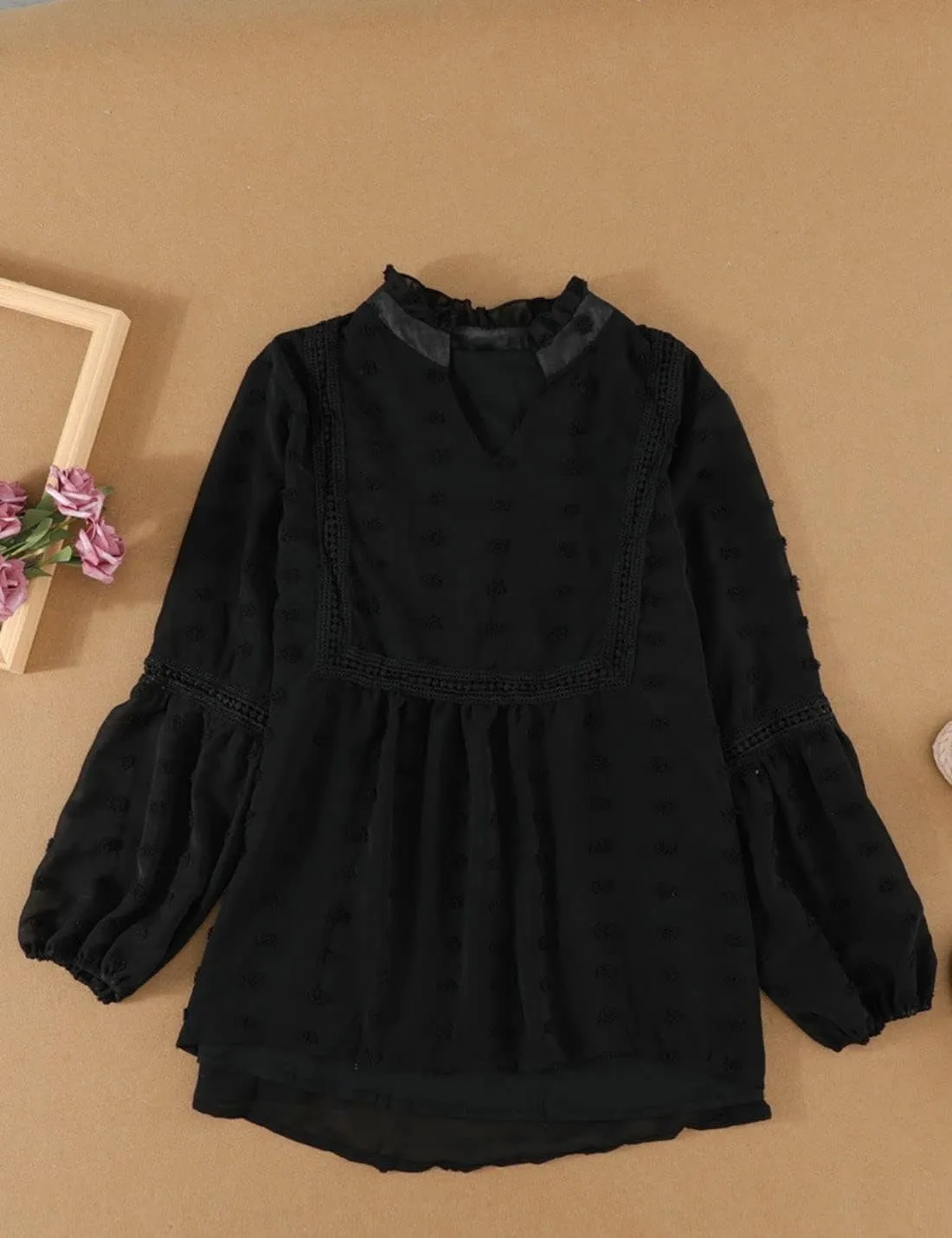 Kinkia Women's Loose Fit Chiffon Blouse Tops Swiss Dot Crochet Lace Puff Sleeve V Neck Tunic Shirts