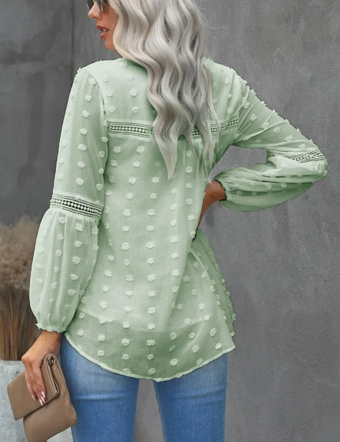 Kinkia Women's Loose Fit Chiffon Blouse Tops Swiss Dot Crochet Lace Puff Sleeve V Neck Tunic Shirts