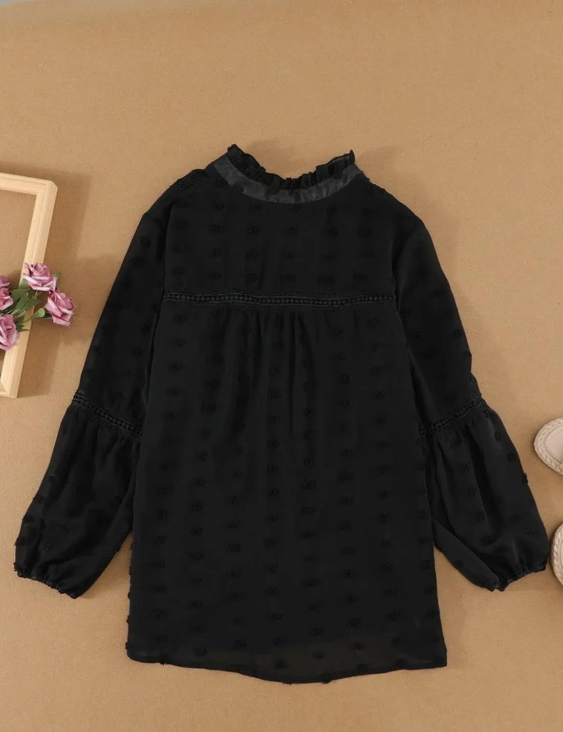 Kinkia Women's Loose Fit Chiffon Blouse Tops Swiss Dot Crochet Lace Puff Sleeve V Neck Tunic Shirts