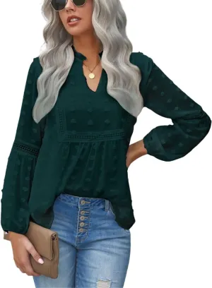 Kinkia Women's Loose Fit Chiffon Blouse Tops Swiss Dot Crochet Lace Puff Sleeve V Neck Tunic Shirts