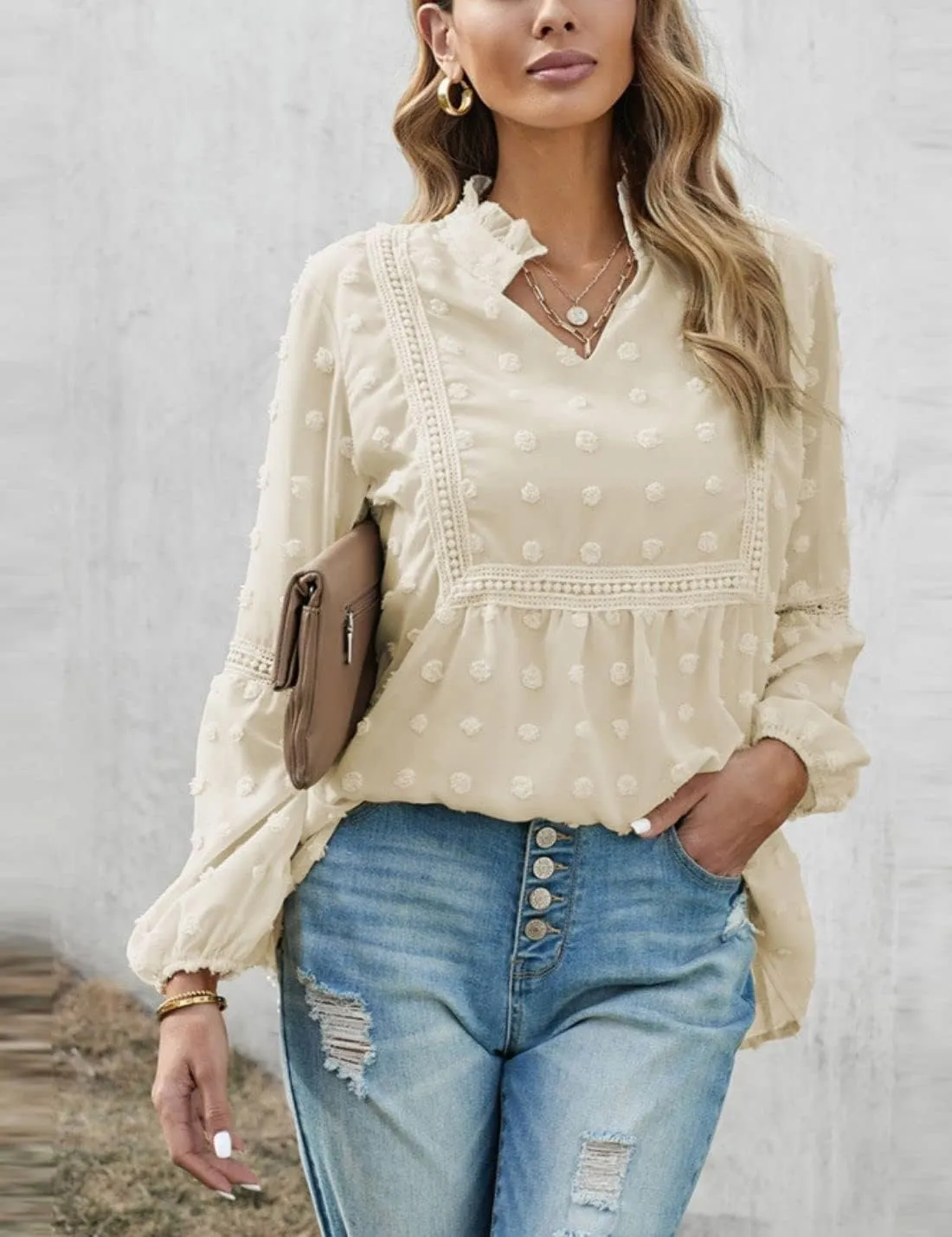 Kinkia Women's Loose Fit Chiffon Blouse Tops Swiss Dot Crochet Lace Puff Sleeve V Neck Tunic Shirts