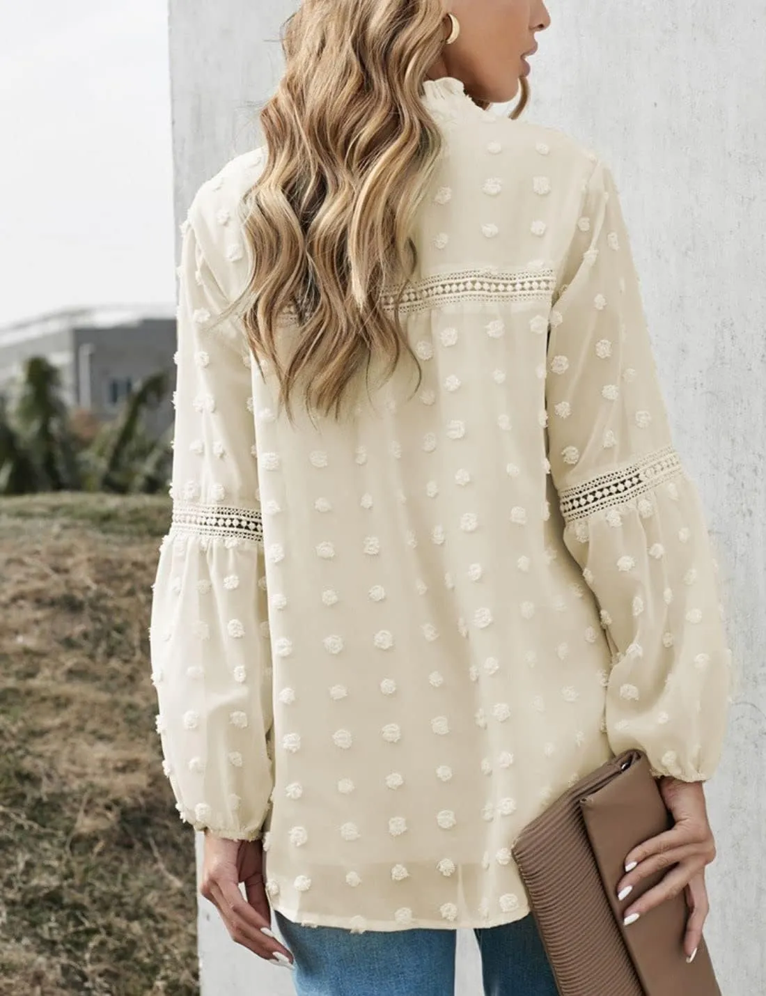 Kinkia Women's Loose Fit Chiffon Blouse Tops Swiss Dot Crochet Lace Puff Sleeve V Neck Tunic Shirts
