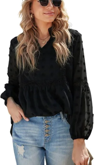 Kinkia Women's Loose Fit Chiffon Blouse Tops Swiss Dot Crochet Lace Puff Sleeve V Neck Tunic Shirts