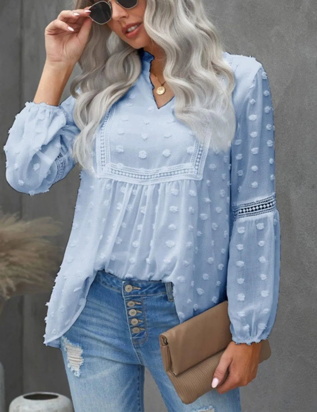 Kinkia Women's Loose Fit Chiffon Blouse Tops Swiss Dot Crochet Lace Puff Sleeve V Neck Tunic Shirts