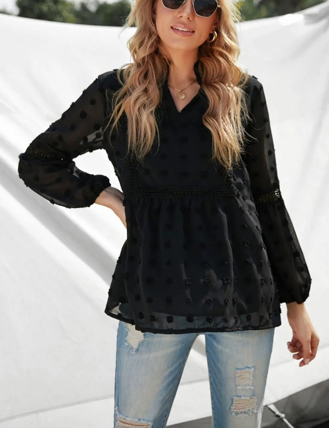 Kinkia Women's Loose Fit Chiffon Blouse Tops Swiss Dot Crochet Lace Puff Sleeve V Neck Tunic Shirts