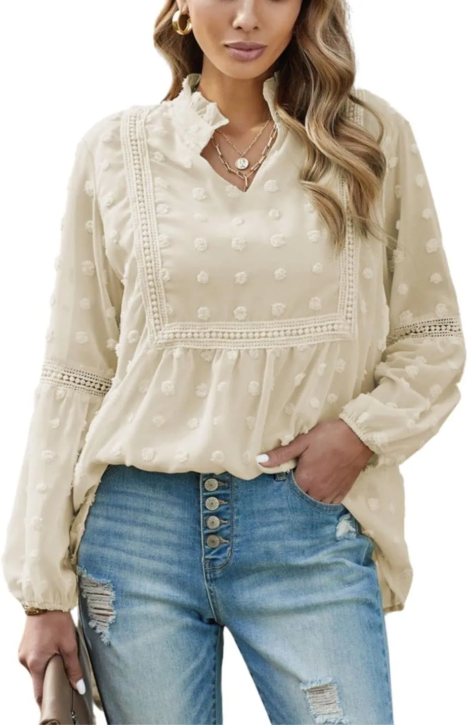 Kinkia Women's Loose Fit Chiffon Blouse Tops Swiss Dot Crochet Lace Puff Sleeve V Neck Tunic Shirts