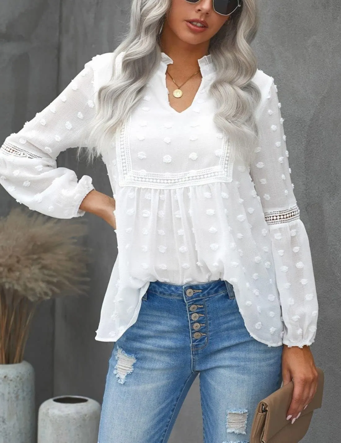 Kinkia Women's Loose Fit Chiffon Blouse Tops Swiss Dot Crochet Lace Puff Sleeve V Neck Tunic Shirts