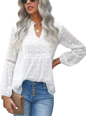 Kinkia Women's Loose Fit Chiffon Blouse Tops Swiss Dot Crochet Lace Puff Sleeve V Neck Tunic Shirts