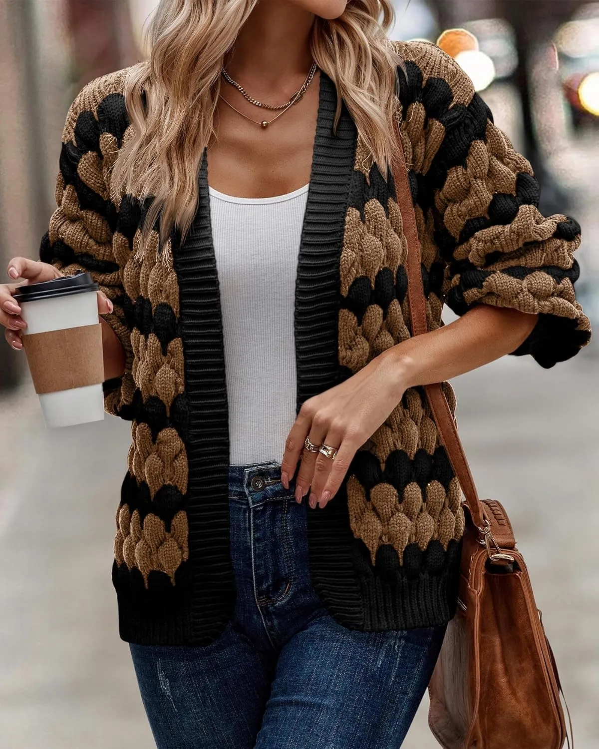 KIRUNDO Womens Cardigan Fall Fashion Lantern Sleeve Open Front Striped Color Block Loose Cable Knit Winter Sweater Coats