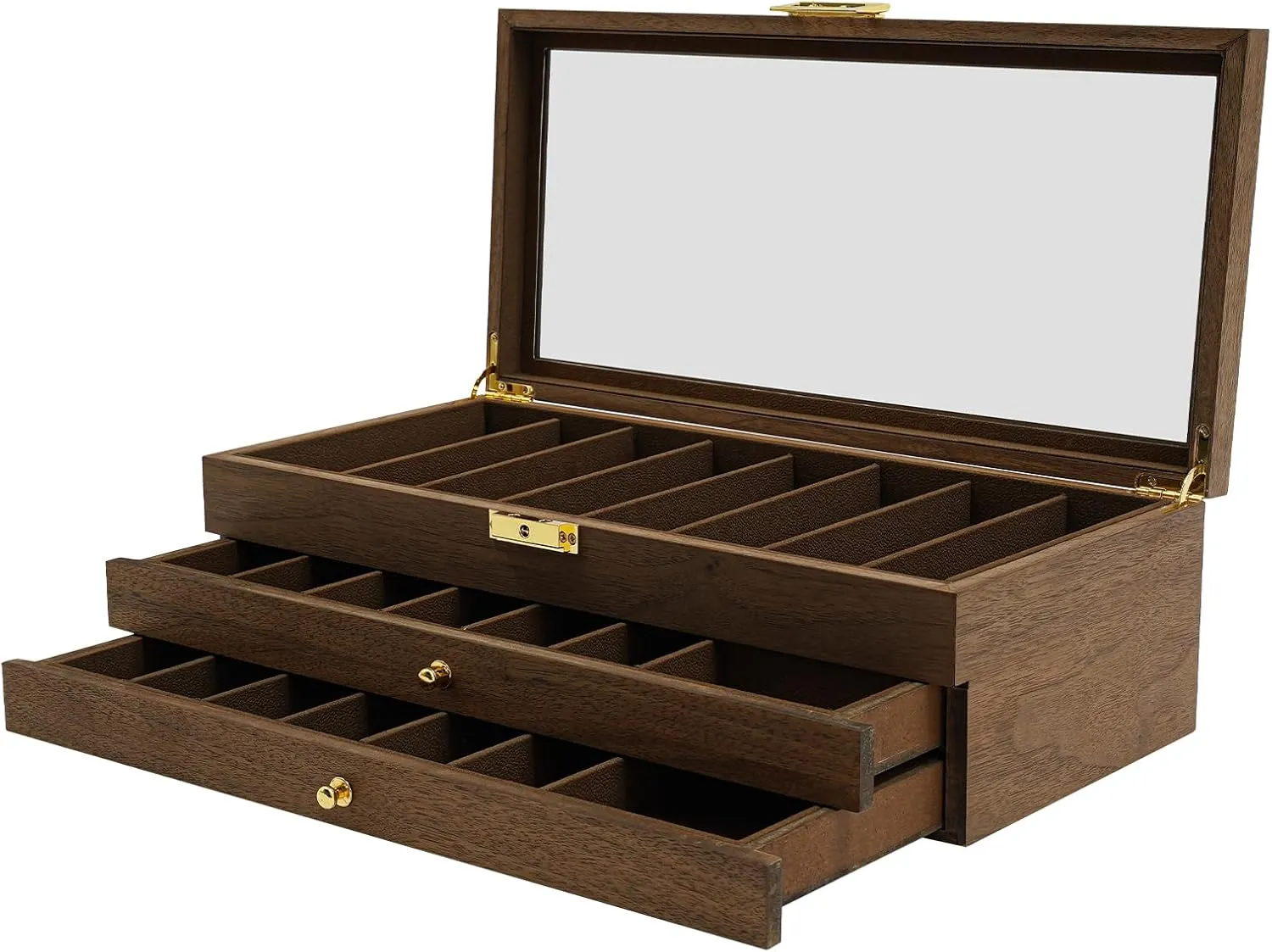 Knife Display Case, 3-Tier Knife Storage Box with Clear Lid & Drawers, Lockable Knife Collection Display Holder, 22 Compartments (Walnut Color)