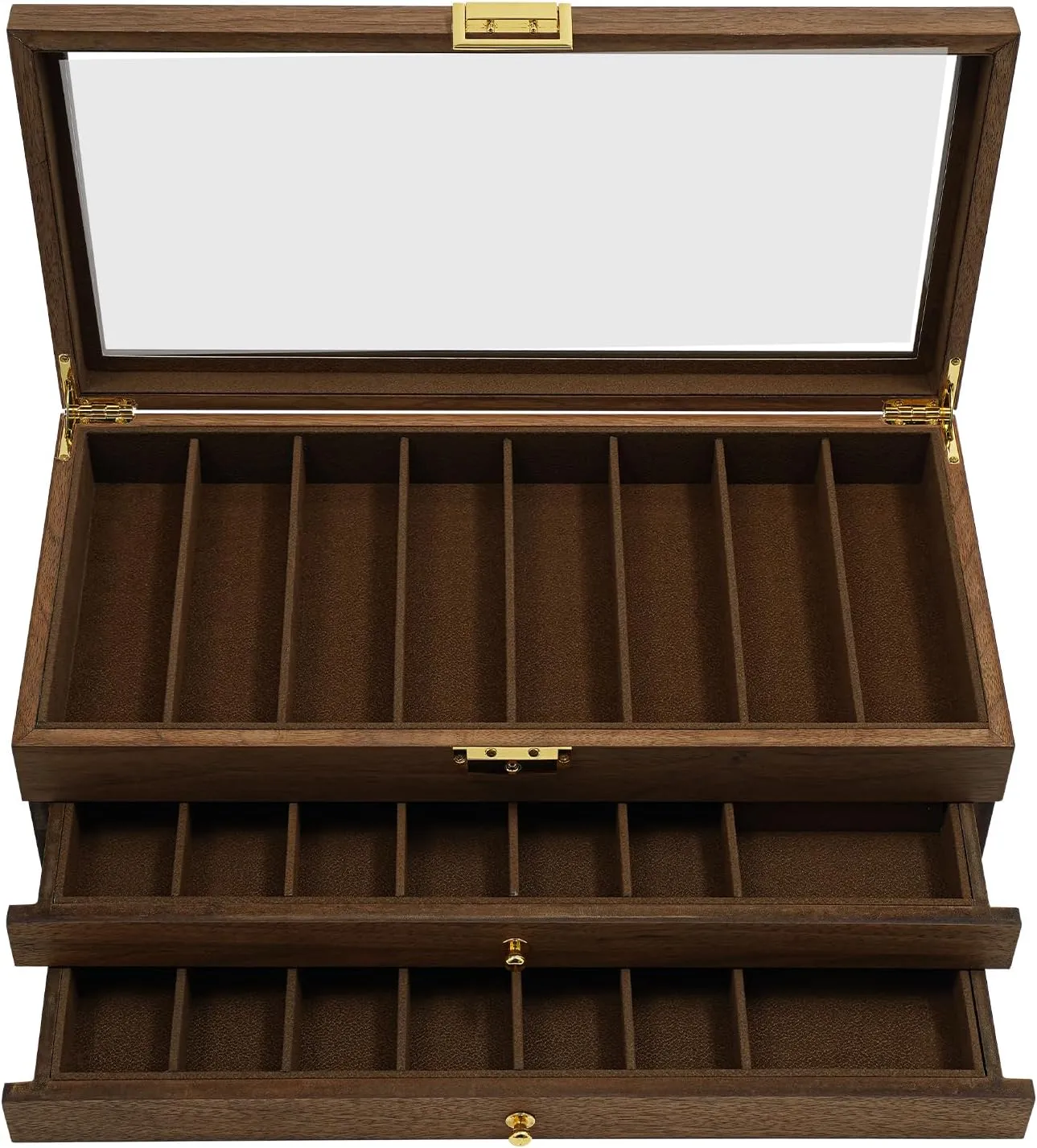 Knife Display Case, 3-Tier Knife Storage Box with Clear Lid & Drawers, Lockable Knife Collection Display Holder, 22 Compartments (Walnut Color)