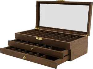 Knife Display Case, 3-Tier Knife Storage Box with Clear Lid & Drawers, Lockable Knife Collection Display Holder, 22 Compartments (Walnut Color)