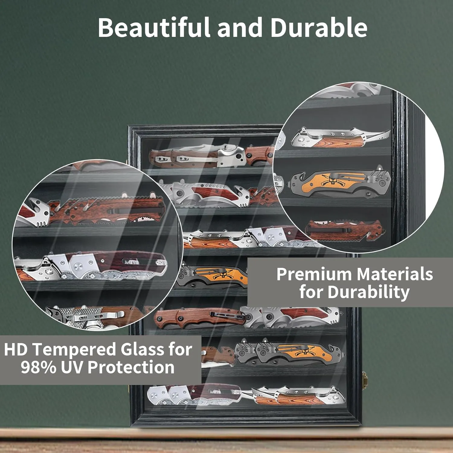 Knife Display Case for Collections, Pocket Knife Display Case with HD Tempered Glass, Lockable Storage Cases with Removable Shelves, Wall-Mounted 7-Layer Wood Cabinet, Black