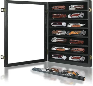 Knife Display Case for Collections, Pocket Knife Display Case with HD Tempered Glass, Lockable Storage Cases with Removable Shelves, Wall-Mounted 7-Layer Wood Cabinet, Black