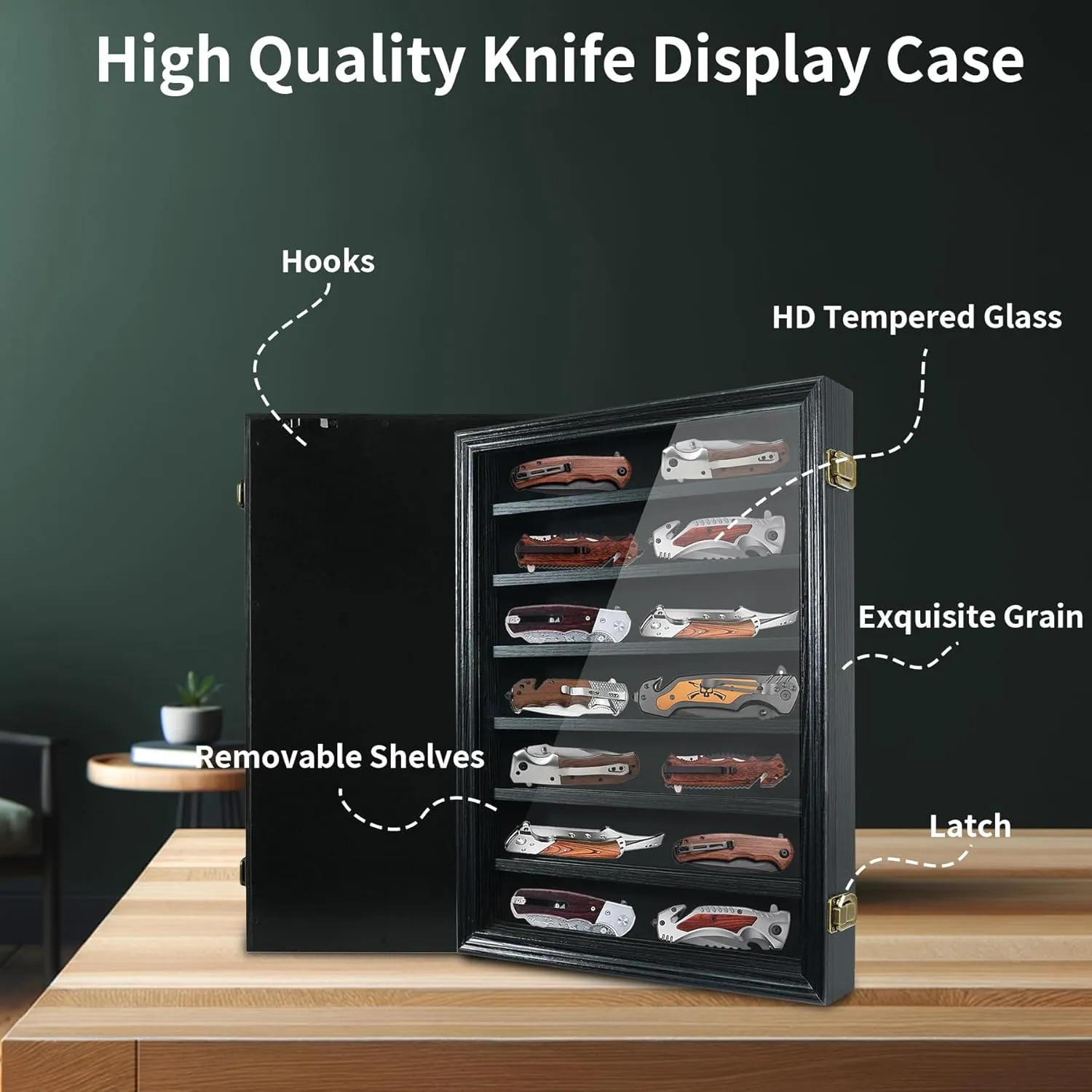 Knife Display Case for Collections, Pocket Knife Display Case with HD Tempered Glass, Lockable Storage Cases with Removable Shelves, Wall-Mounted 7-Layer Wood Cabinet, Black