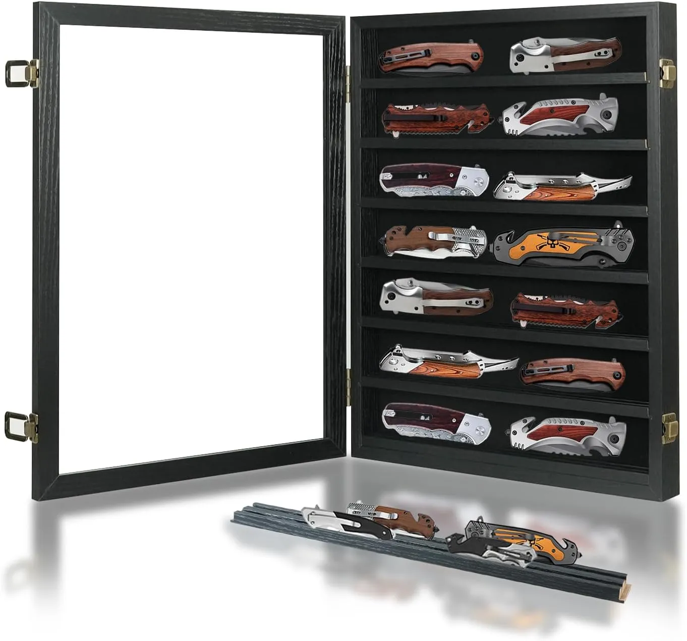 Knife Display Case for Collections, Pocket Knife Display Case with HD Tempered Glass, Lockable Storage Cases with Removable Shelves, Wall-Mounted 7-Layer Wood Cabinet, Black