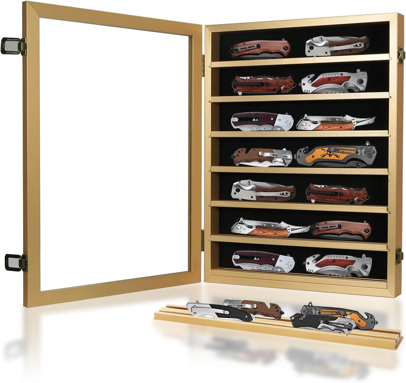 Knife Display Case for Collections, Pocket Knife Display Case with HD Tempered Glass, Lockable Storage Cases with Removable Shelves, Wall-Mounted 7-Layer Wood Cabinet, Gold