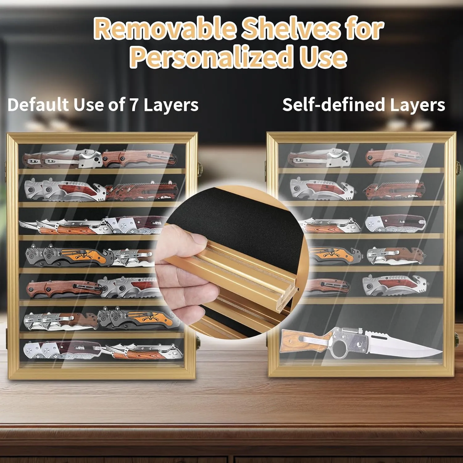 Knife Display Case for Collections, Pocket Knife Display Case with HD Tempered Glass, Lockable Storage Cases with Removable Shelves, Wall-Mounted 7-Layer Wood Cabinet, Gold