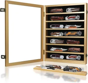 Knife Display Case for Collections, Pocket Knife Display Case with HD Tempered Glass, Lockable Storage Cases with Removable Shelves, Wall-Mounted 7-Layer Wood Cabinet, Gold
