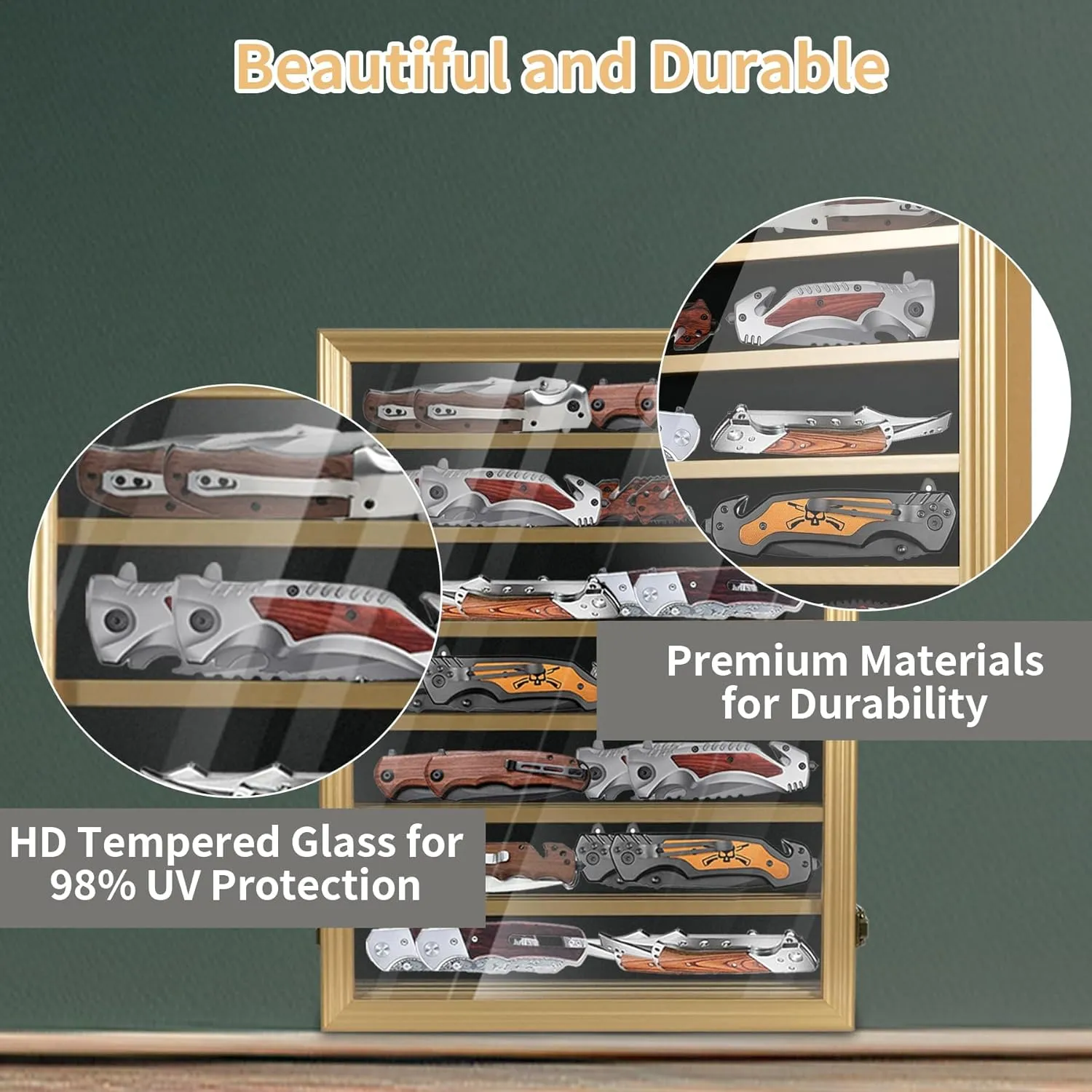 Knife Display Case for Collections, Pocket Knife Display Case with HD Tempered Glass, Lockable Storage Cases with Removable Shelves, Wall-Mounted 7-Layer Wood Cabinet, Gold