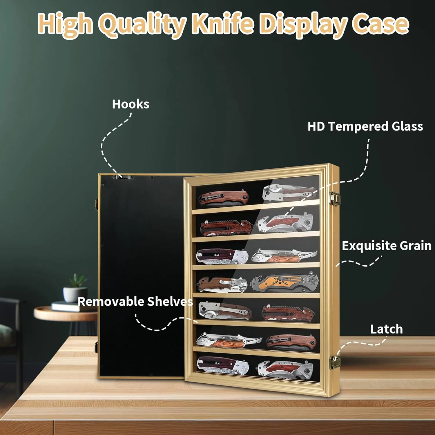 Knife Display Case for Collections, Pocket Knife Display Case with HD Tempered Glass, Lockable Storage Cases with Removable Shelves, Wall-Mounted 7-Layer Wood Cabinet, Gold