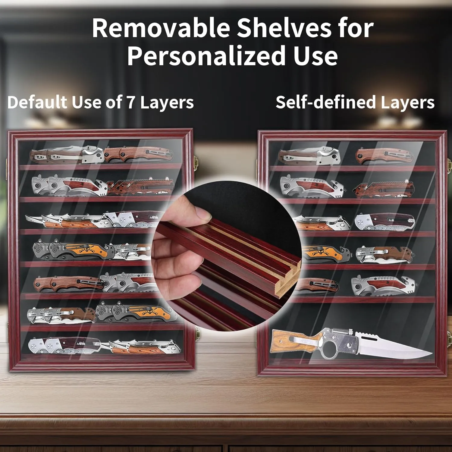 Knife Display Case for Collections, Pocket Knife Display Case with HD Tempered Glass, Lockable Storage Cases with Removable Shelves, Wall-Mounted 7-Layer Wood Cabinet, Red