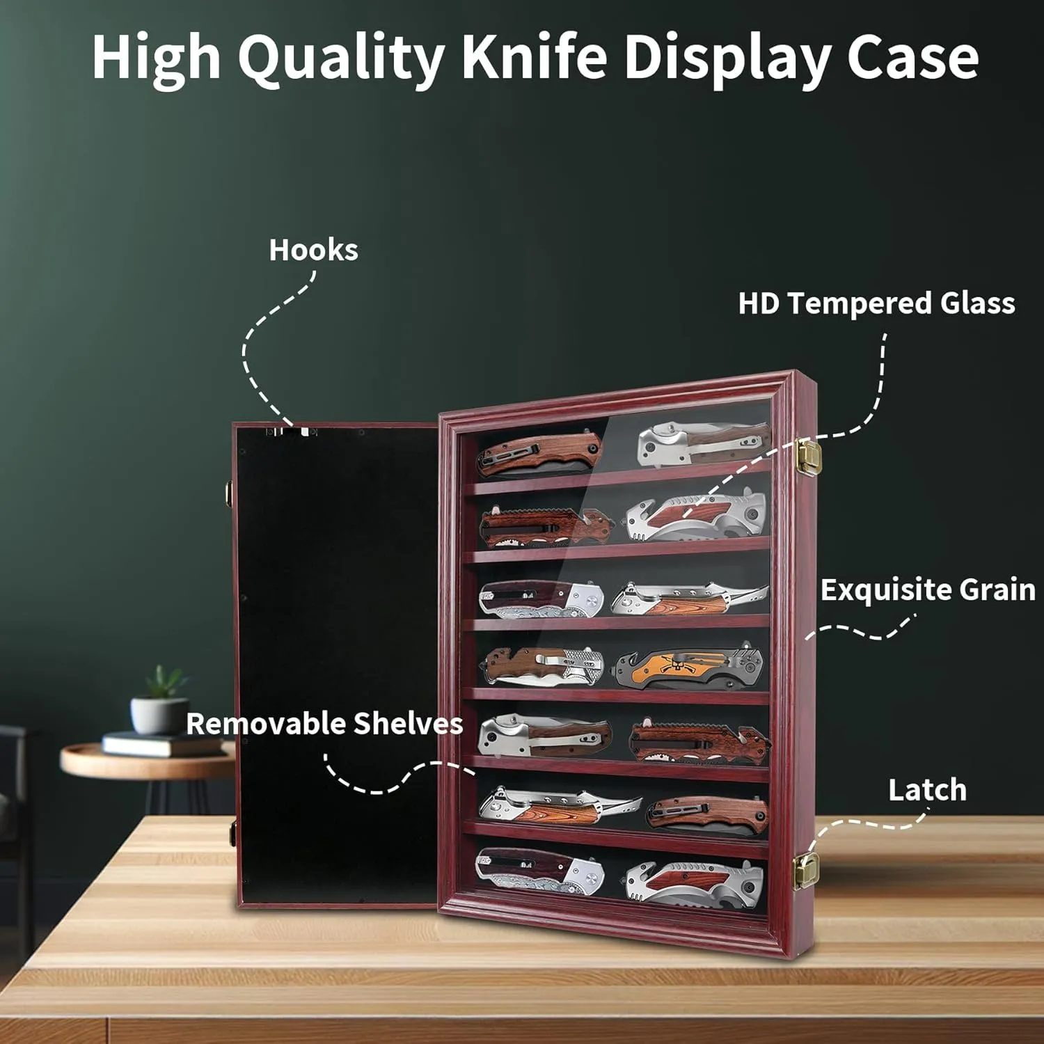Knife Display Case for Collections, Pocket Knife Display Case with HD Tempered Glass, Lockable Storage Cases with Removable Shelves, Wall-Mounted 7-Layer Wood Cabinet, Red