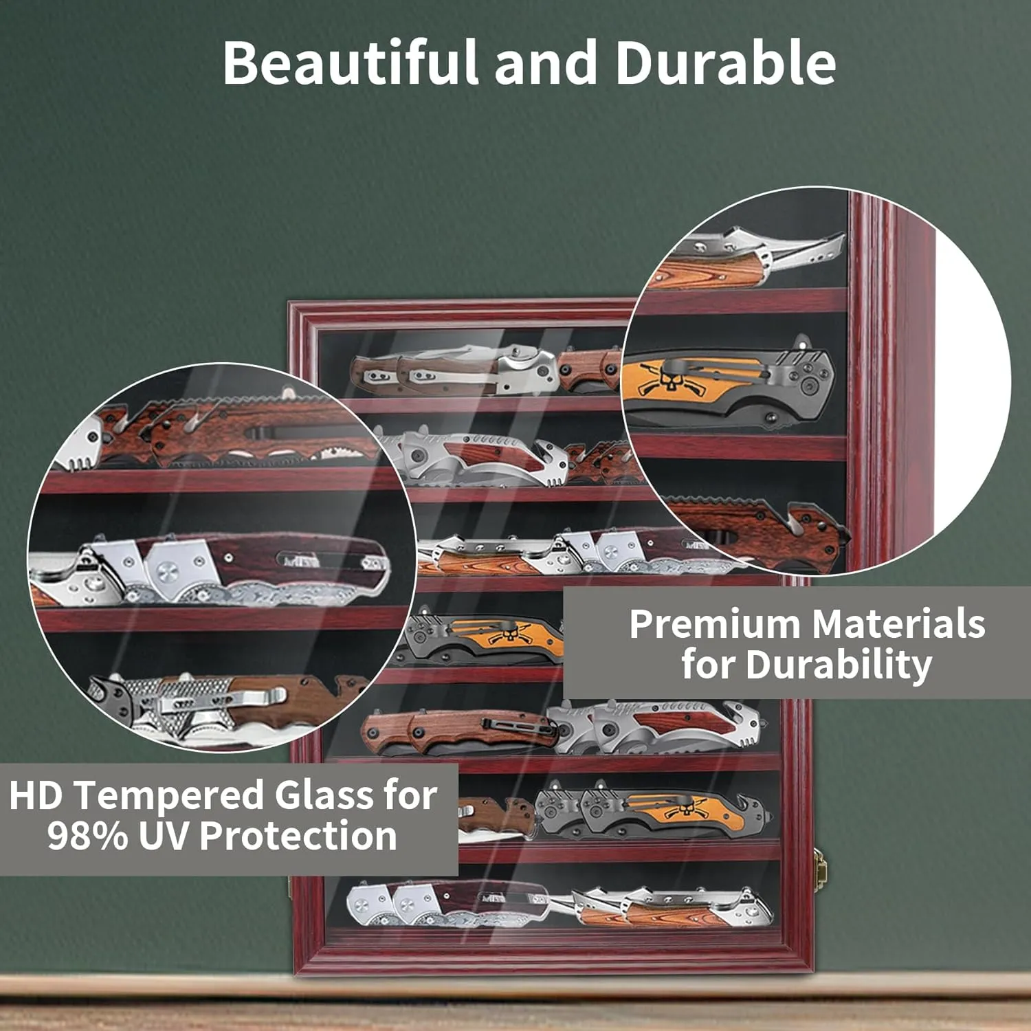 Knife Display Case for Collections, Pocket Knife Display Case with HD Tempered Glass, Lockable Storage Cases with Removable Shelves, Wall-Mounted 7-Layer Wood Cabinet, Red