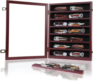 Knife Display Case for Collections, Pocket Knife Display Case with HD Tempered Glass, Lockable Storage Cases with Removable Shelves, Wall-Mounted 7-Layer Wood Cabinet, Red