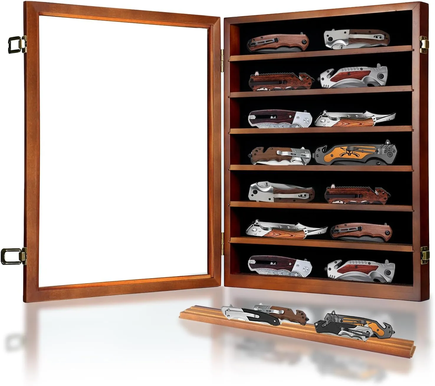 Knife Display Case for Collections, Pocket Knife Display Case with HD Tempered Glass, Lockable Storage Cases with Removable Shelves, Wall-Mounted 7-Layer Wood Cabinet, Walnut