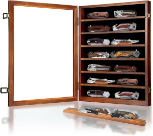 Knife Display Case for Collections, Pocket Knife Display Case with HD Tempered Glass, Lockable Storage Cases with Removable Shelves, Wall-Mounted 7-Layer Wood Cabinet, Walnut