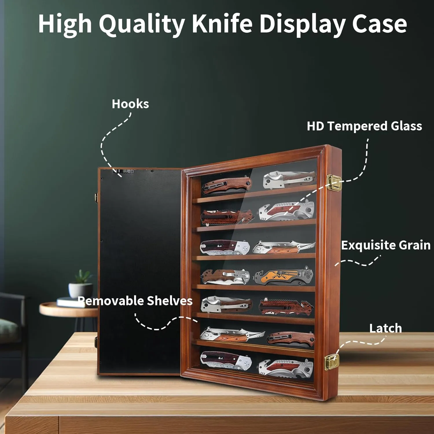 Knife Display Case for Collections, Pocket Knife Display Case with HD Tempered Glass, Lockable Storage Cases with Removable Shelves, Wall-Mounted 7-Layer Wood Cabinet, Walnut