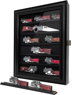 Knife Display Case, Lockable Pocket Knives Display Box Cabinet with HD Tempered Glass, 6 Rows Military Folding Knife Stand with Removable 2 Grooves Shelves for Wall Mounted and Desk Display, Black