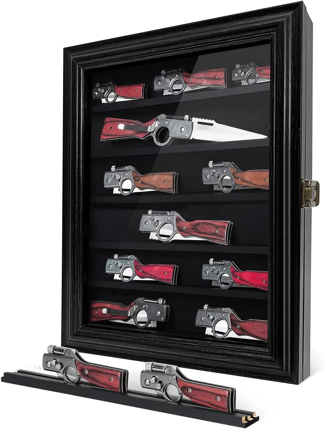Knife Display Case, Lockable Pocket Knives Display Box Cabinet with HD Tempered Glass, 6 Rows Military Folding Knife Stand with Removable 2 Grooves Shelves for Wall Mounted and Desk Display, Black