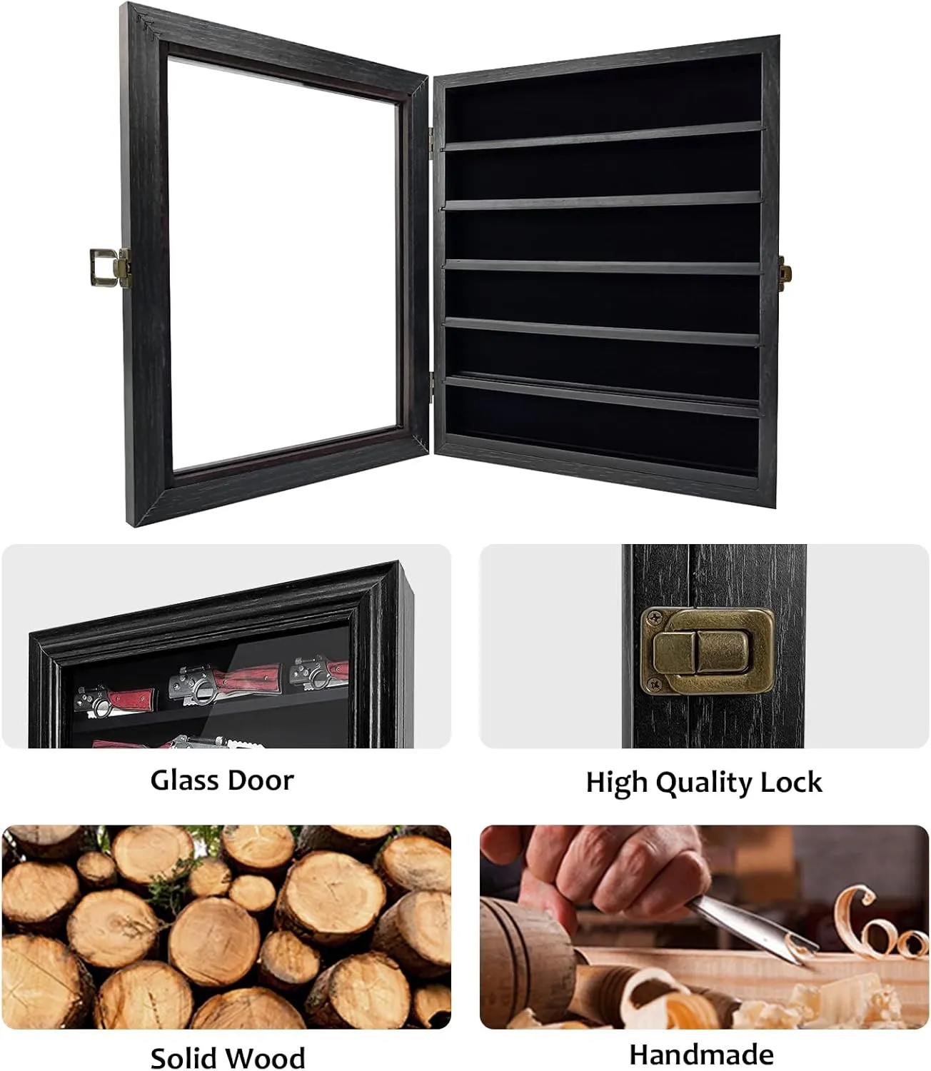 Knife Display Case, Lockable Pocket Knives Display Box Cabinet with HD Tempered Glass, 6 Rows Military Folding Knife Stand with Removable 2 Grooves Shelves for Wall Mounted and Desk Display, Black