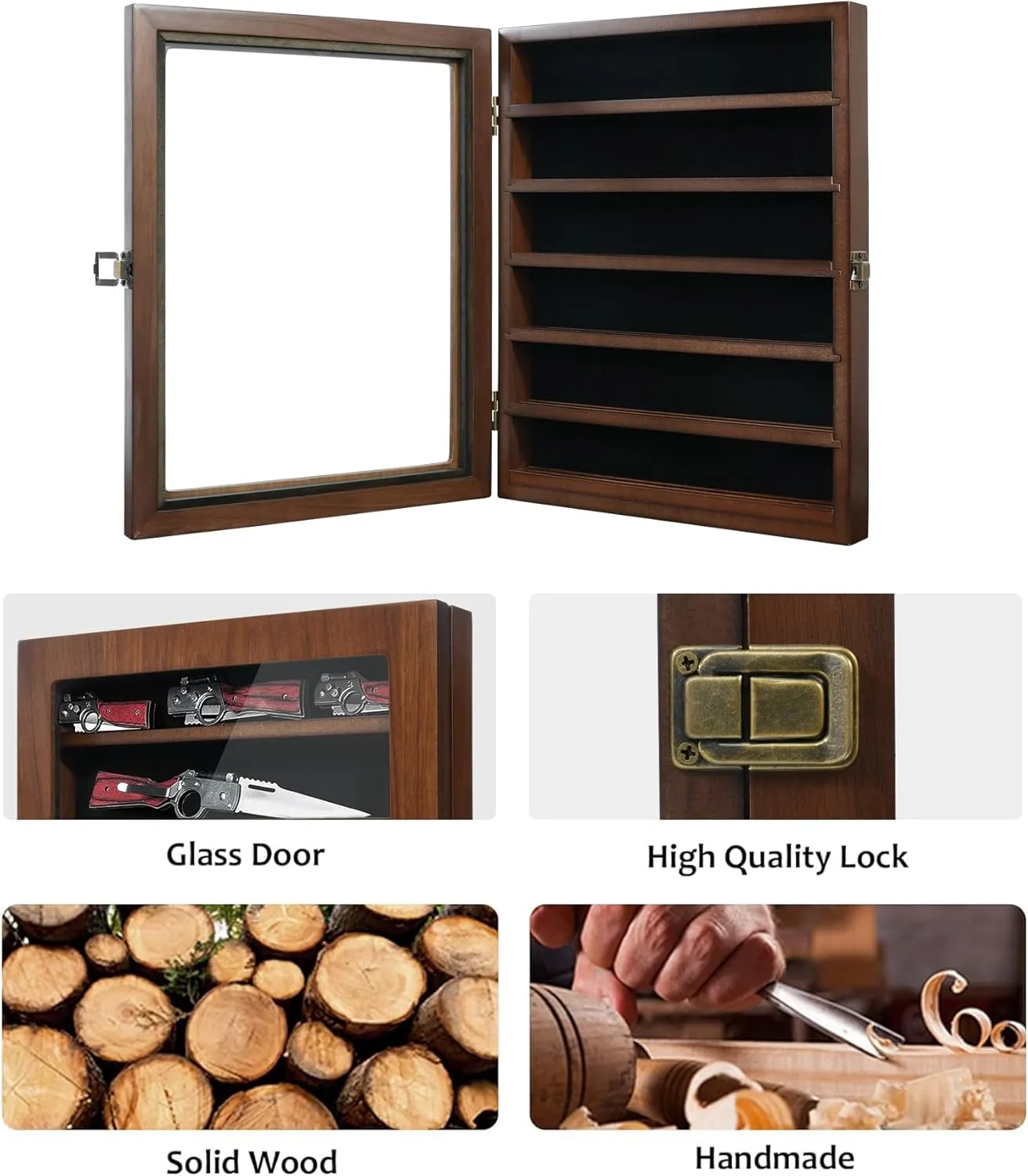 Knife Display Case, Lockable Pocket Knives Display Box Cabinet with HD Tempered Glass, 6 Rows Military Folding Knife Stand with Removable 2 Grooves Shelves for Wall Mounted and Desk Display, Walnut