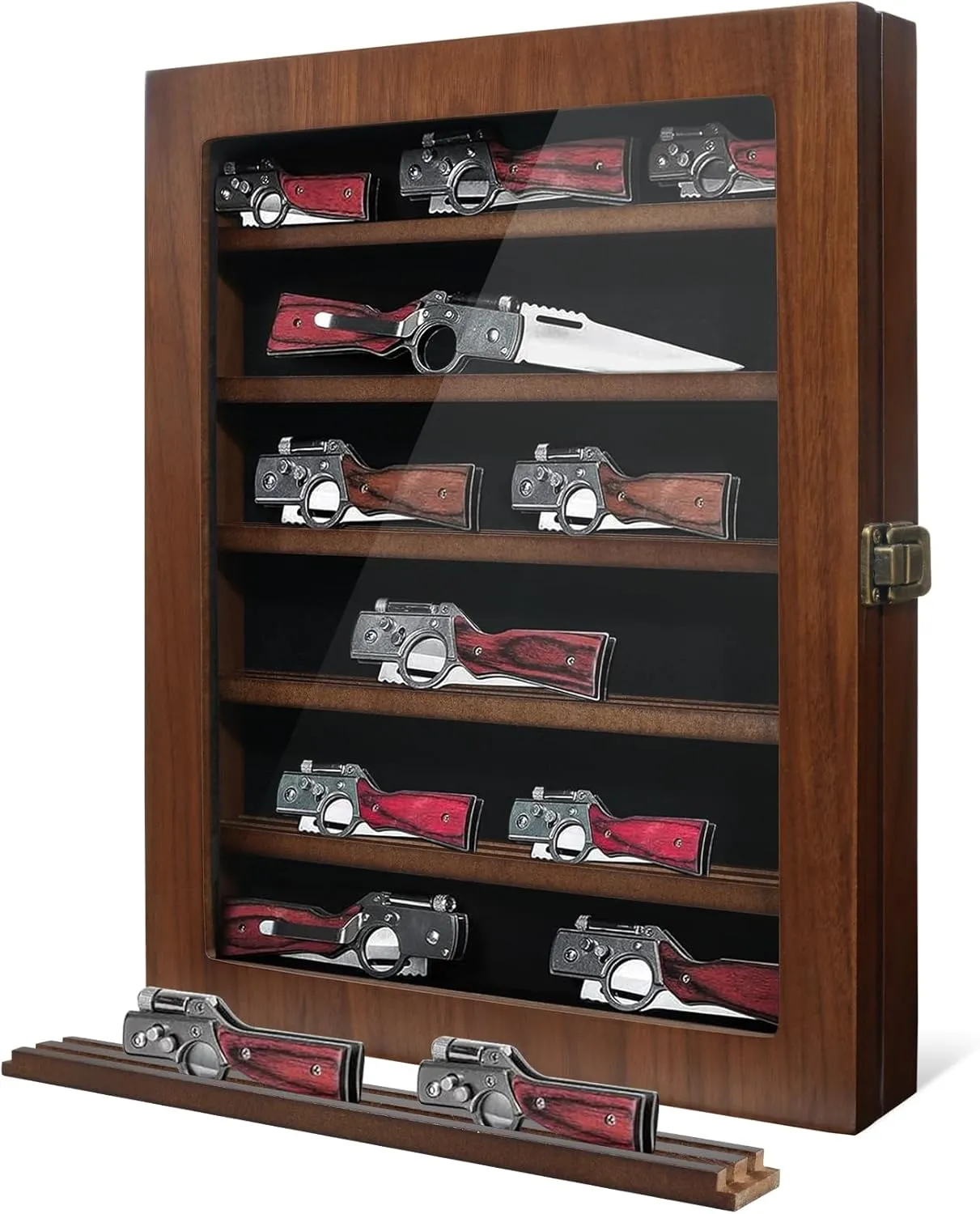 Knife Display Case, Lockable Pocket Knives Display Box Cabinet with HD Tempered Glass, 6 Rows Military Folding Knife Stand with Removable 2 Grooves Shelves for Wall Mounted and Desk Display, Walnut