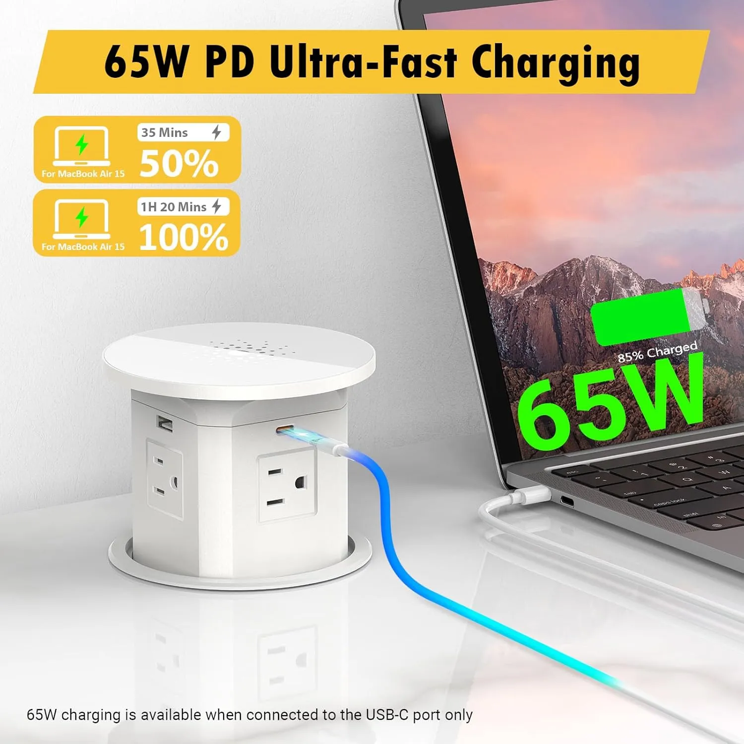 Kungfuking Pop Up Outlet for Countertop Kitchen, 65W USB C Wireless Counter Top Electrical Power Outlet, 15A/1875W Receptacle Charging Station Recessed Popup Plugs for Island Conference Table Office