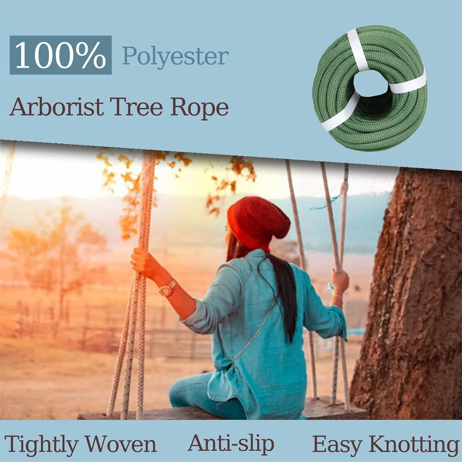 LABLT High Force Braided Polyester Rope, Arborist Rigging Rope, (3/8” x 100’) Heavy Duty Rope for Hiking, Swing, Camping, Gardening, Military Green