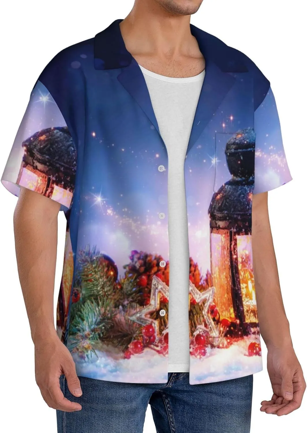 Lantern On Snow with Christmas for Wrinkle Moisture-Wicking Eco Fabric Modern Slim Fit for Casual Office