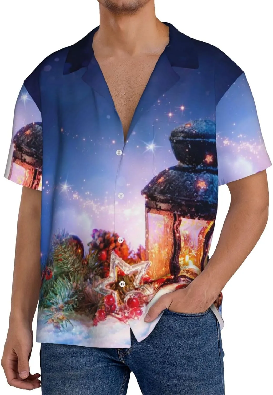 Lantern On Snow with Christmas for Wrinkle Moisture-Wicking Eco Fabric Modern Slim Fit for Casual Office