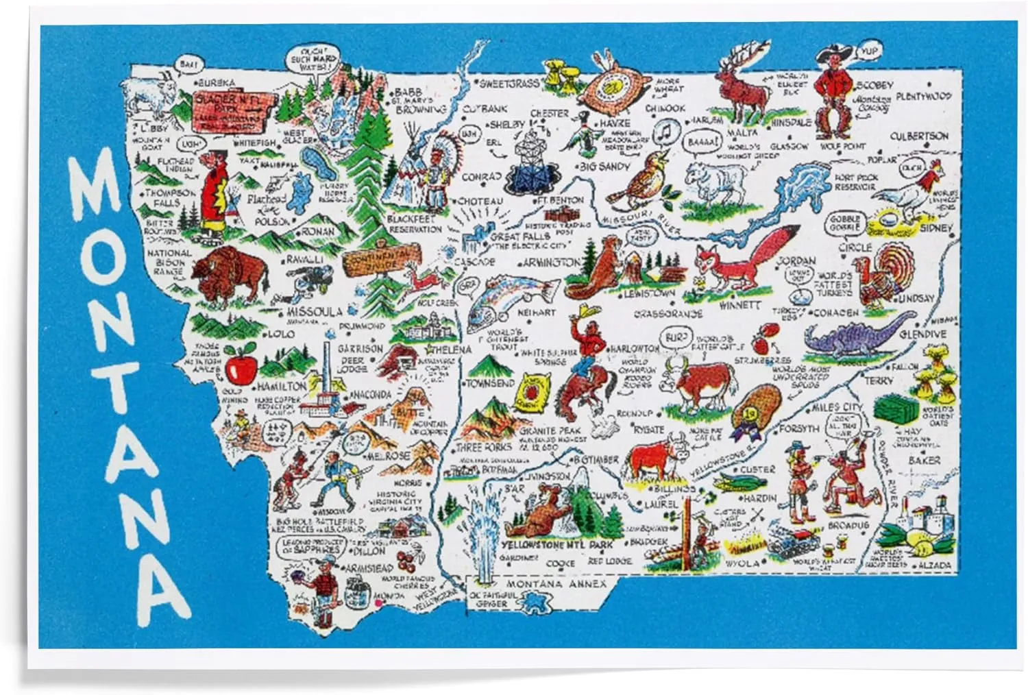 Lantern Press 12x18 Inch Art Print, Montana, View of the State with Cartoons, Scenic Spots