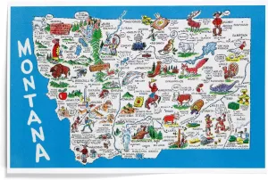 Lantern Press 12x18 Inch Art Print, Montana, View of the State with Cartoons, Scenic Spots