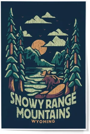 Lantern Press 12x18 Inch Art Print, Snowy Range Mountains, Wyoming, Distress Vector Shapes